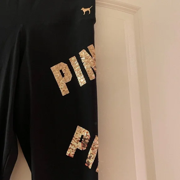 VS Pink Black Leggings with Gold Bling Sequin 'PINK'